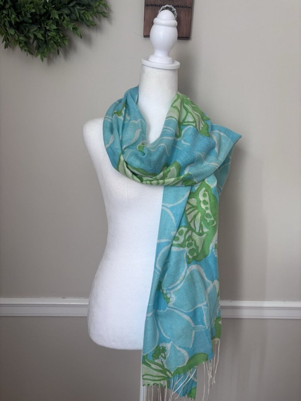 Lilly Pulitzer Womens Murfee Scarf Blue Green Floral Silk Cashmere Fringe Trim